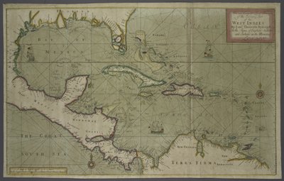 Trading Map of the West Indies, 1707 (hand coloured print) by English School